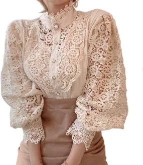 ZOCAVIA Women's Vintage Victorian Blouses Elegant Lace Crochet Tops Dressy Casual Mock Neck Puff Long Sleeve Button Up Shirts