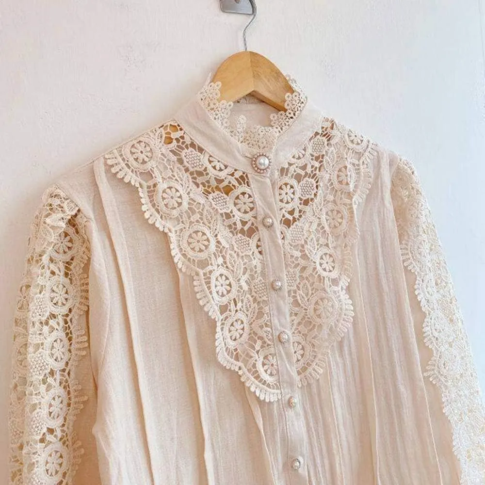 ZOCAVIA Women's Vintage Victorian Blouses Elegant Lace Crochet Tops Dressy Casual Mock Neck Puff Long Sleeve Button Up Shirts