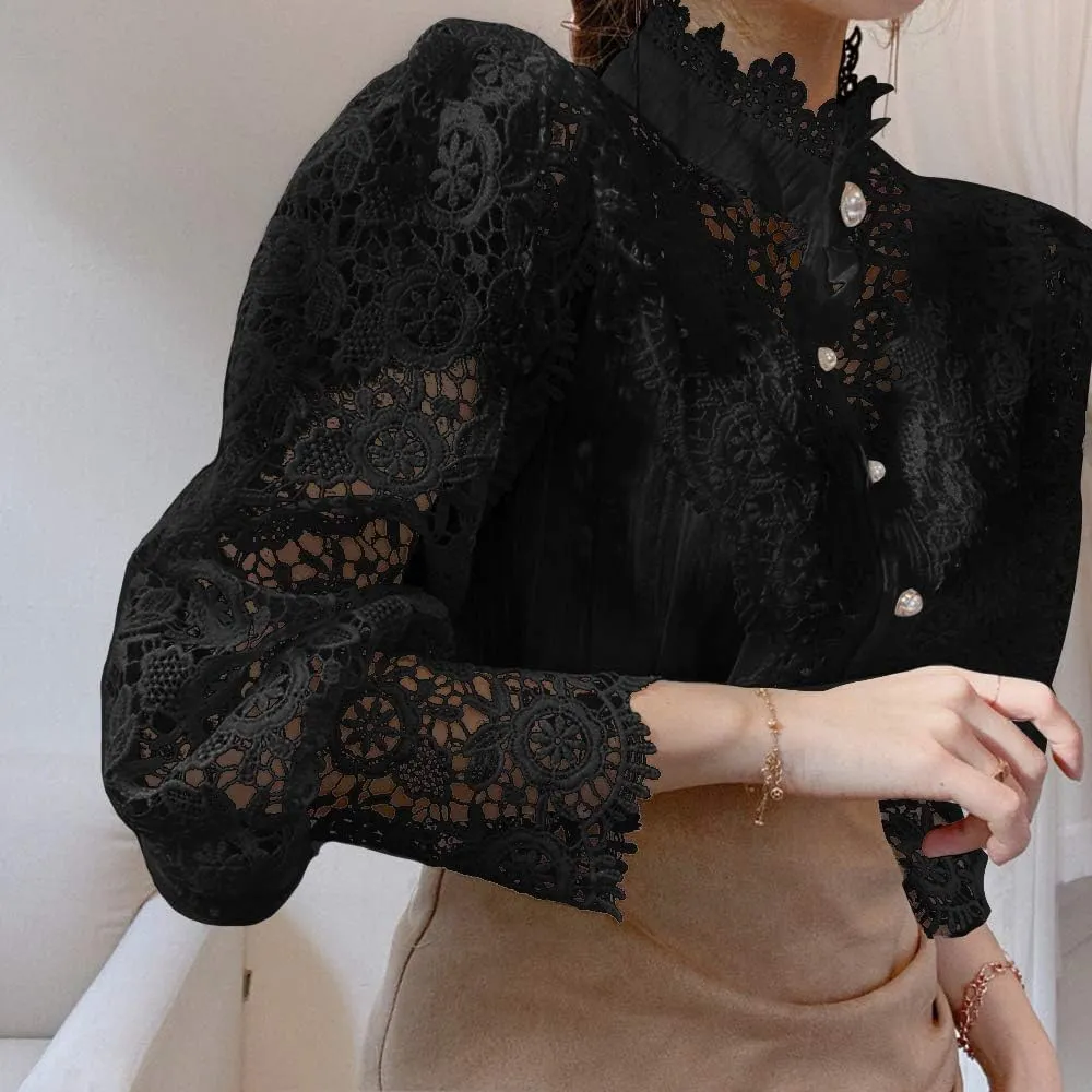 ZOCAVIA Women's Vintage Victorian Blouses Elegant Lace Crochet Tops Dressy Casual Mock Neck Puff Long Sleeve Button Up Shirts