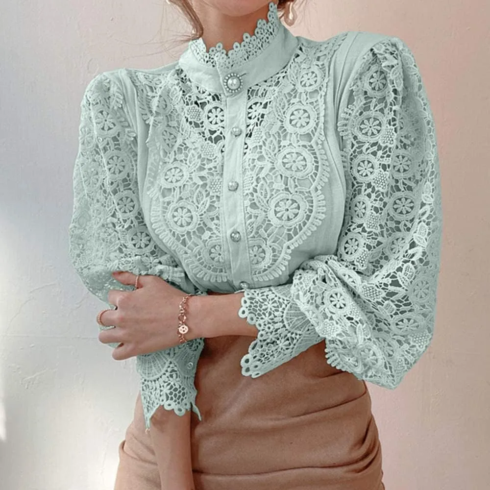 ZOCAVIA Women's Vintage Victorian Blouses Elegant Lace Crochet Tops Dressy Casual Mock Neck Puff Long Sleeve Button Up Shirts