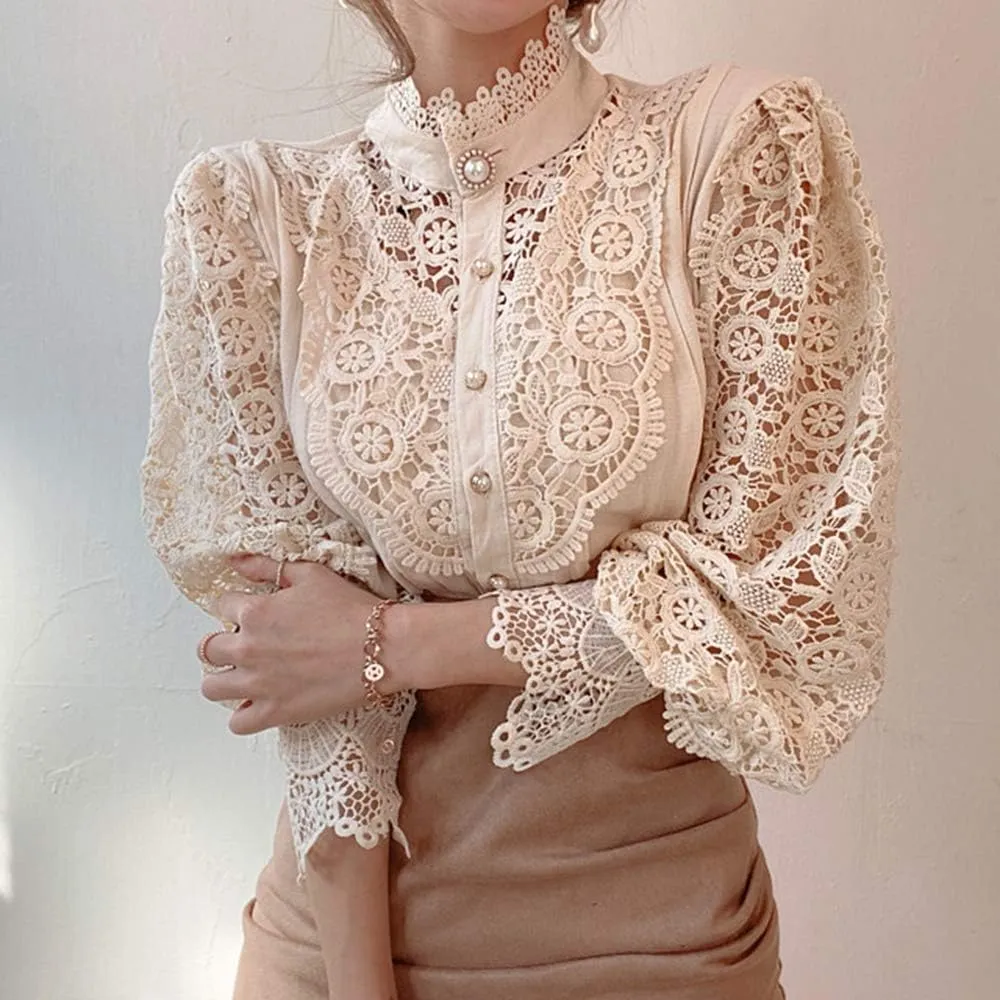 ZOCAVIA Women's Vintage Victorian Blouses Elegant Lace Crochet Tops Dressy Casual Mock Neck Puff Long Sleeve Button Up Shirts