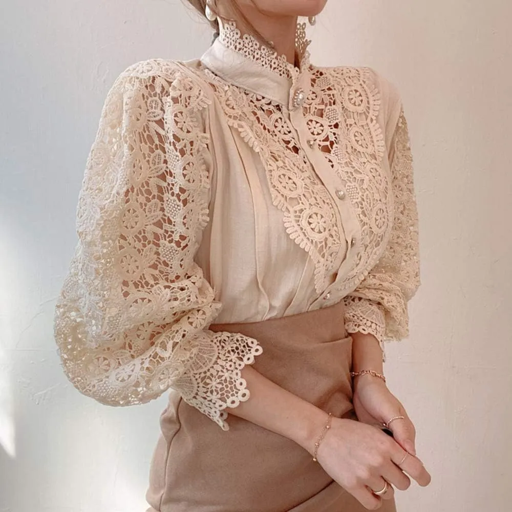 ZOCAVIA Women's Vintage Victorian Blouses Elegant Lace Crochet Tops Dressy Casual Mock Neck Puff Long Sleeve Button Up Shirts
