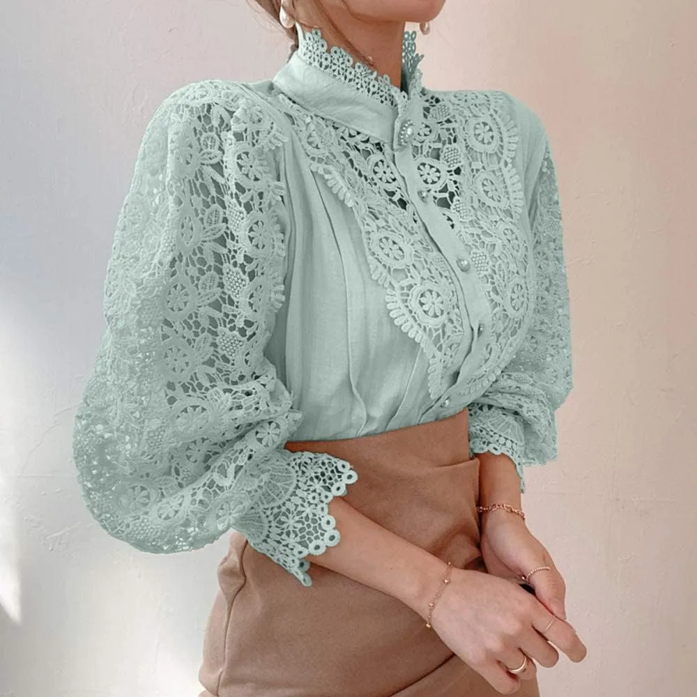 ZOCAVIA Women's Vintage Victorian Blouses Elegant Lace Crochet Tops Dressy Casual Mock Neck Puff Long Sleeve Button Up Shirts