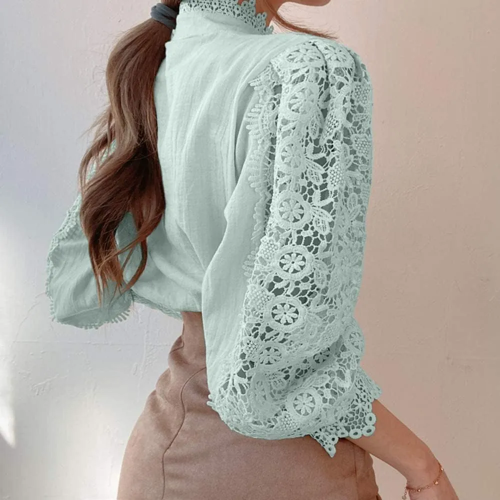 ZOCAVIA Women's Vintage Victorian Blouses Elegant Lace Crochet Tops Dressy Casual Mock Neck Puff Long Sleeve Button Up Shirts
