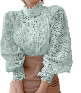 ZOCAVIA Women's Vintage Victorian Blouses Elegant Lace Crochet Tops Dressy Casual Mock Neck Puff Long Sleeve Button Up Shirts
