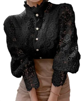 ZOCAVIA Women's Vintage Victorian Blouses Elegant Lace Crochet Tops Dressy Casual Mock Neck Puff Long Sleeve Button Up Shirts