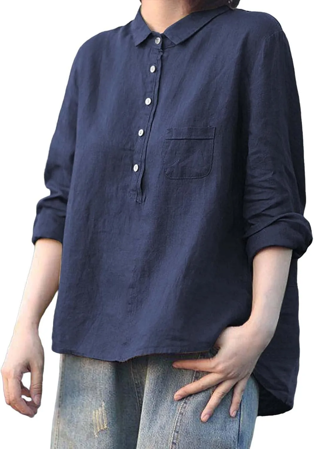 ZYXTIM Women's Cotton Linen Henley Shirts 3/4 Sleeve Lapel Loose Summer Tops Floral Printed Lightweight Casual Blouse Tops